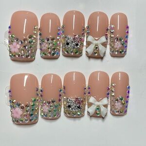 Cute Kawaii Glam Gem Bling Kitty Bow French Handmade Square Press-On Nails S M L